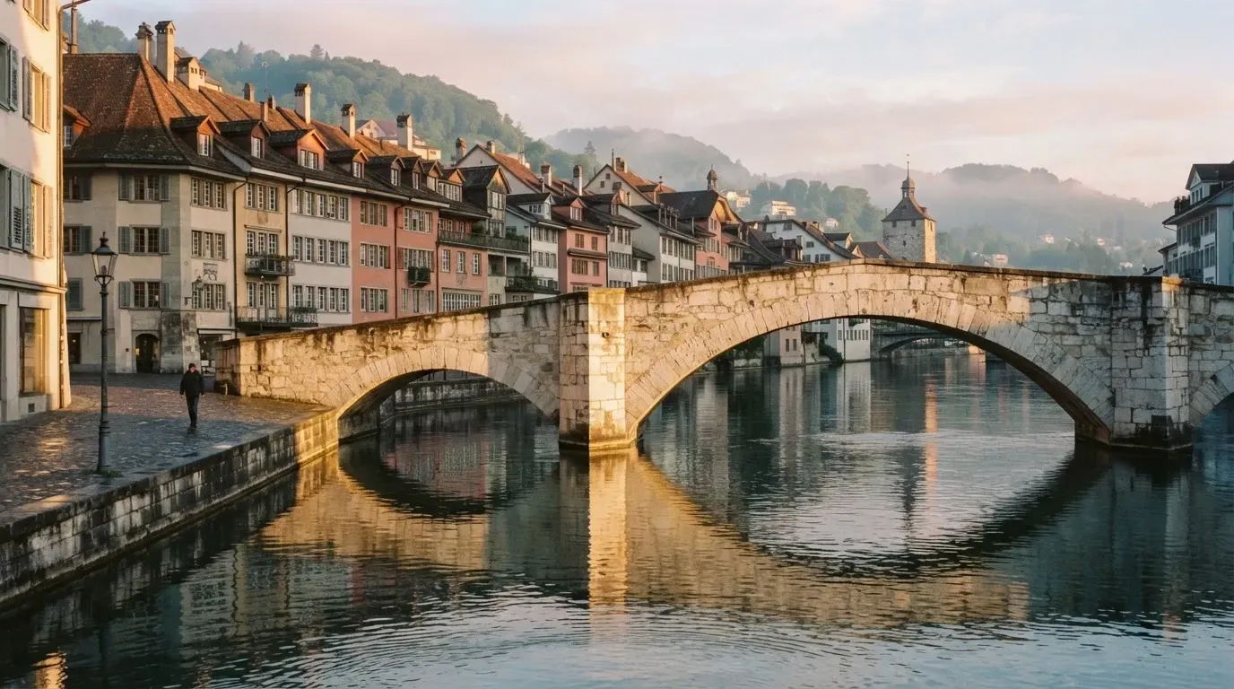 Ein steinerner Brückenbogen über einem Fluss in einer Schweizer Altstadt im ersten Morgenlicht.