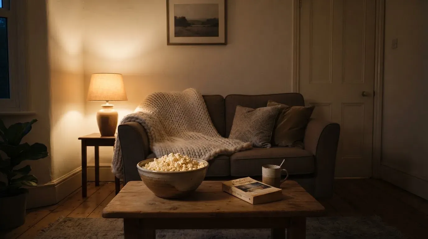 Ein Sofa mit Wolldecke und eine Schale Popcorn auf dem Couchtisch in einem Wohnzimmer bei Lampenlicht am späten Abend.