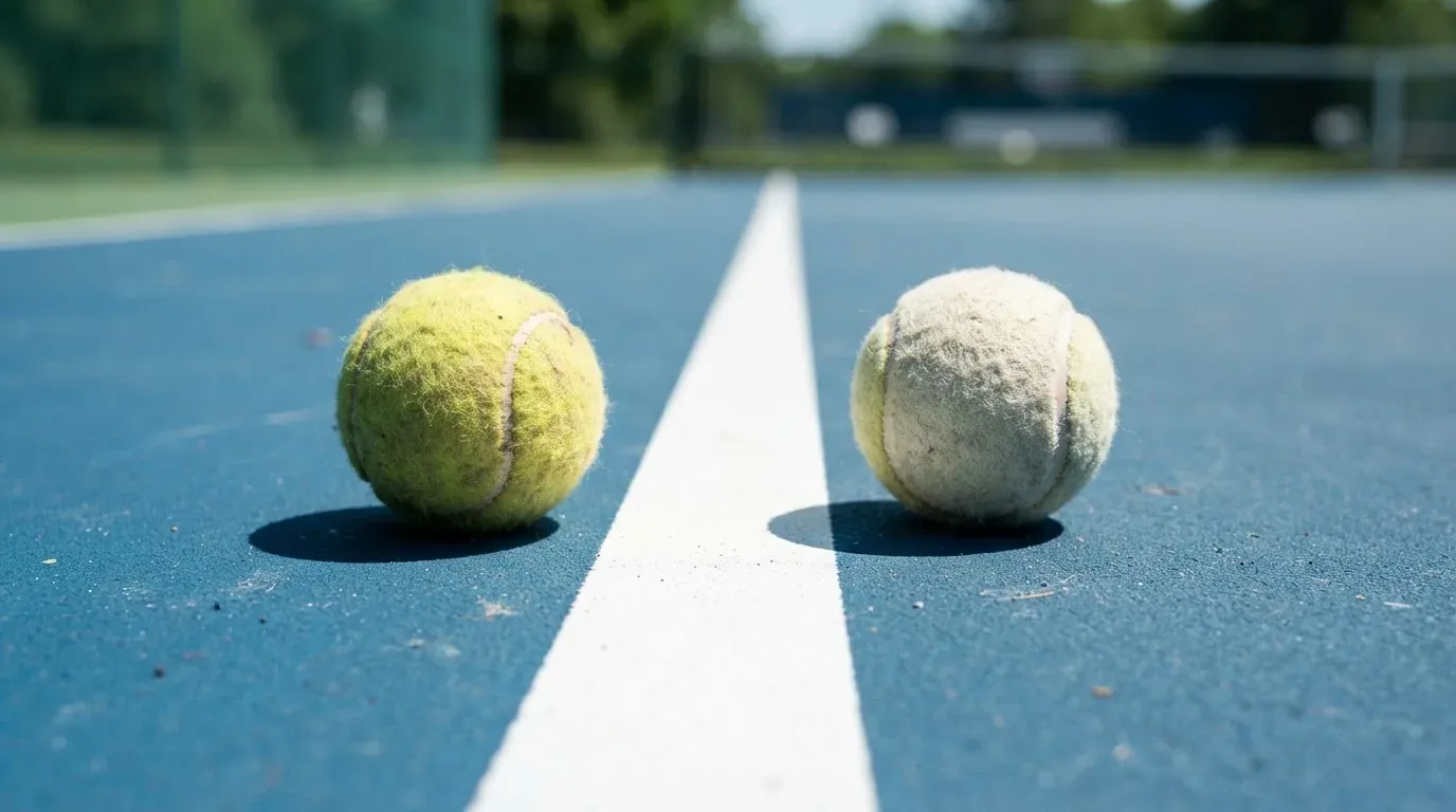 Zwei Tennisbälle liegen auf der weissen Grundlinie eines Hartplatzes im grellen Sonnenlicht.