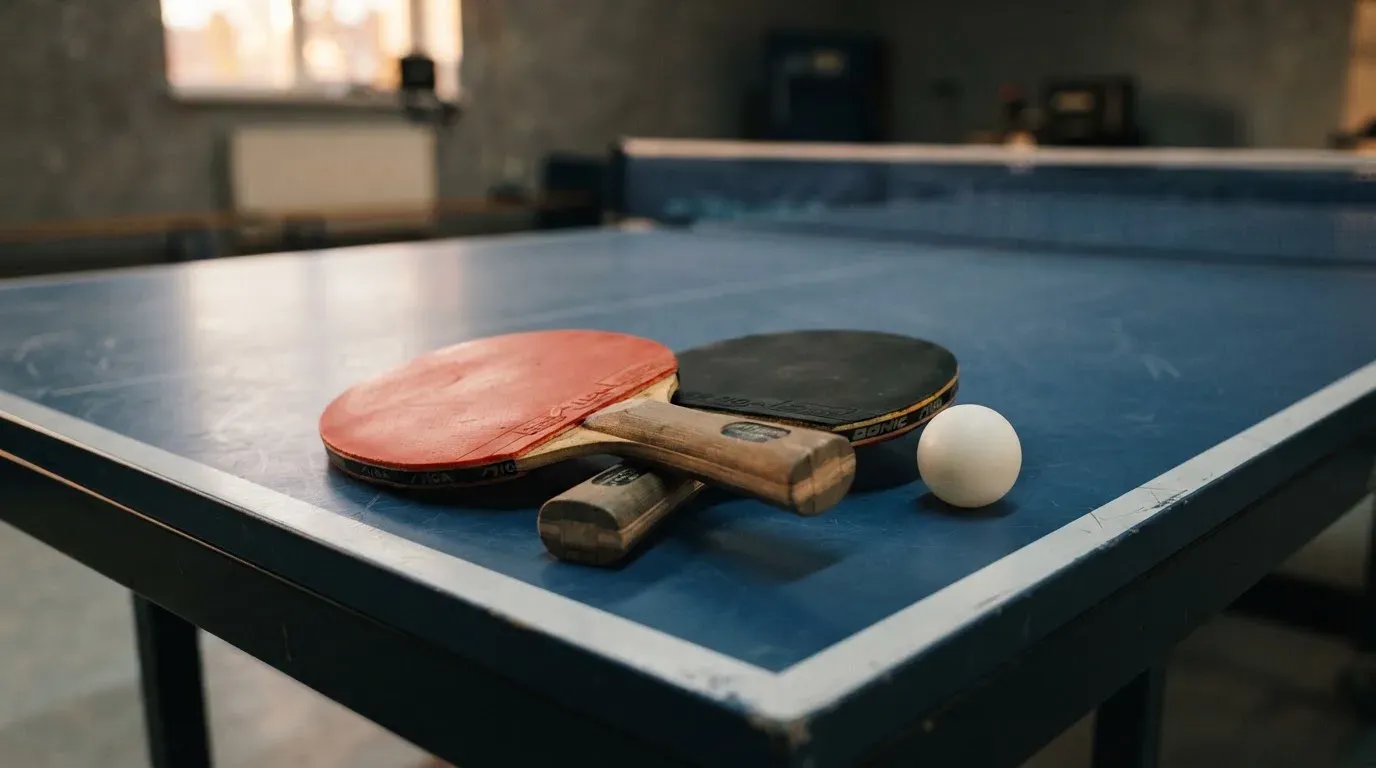 Zwei Tischtennisschläger liegen gekreuzt am Rand einer Platte, daneben ein kleiner weisser Ball.