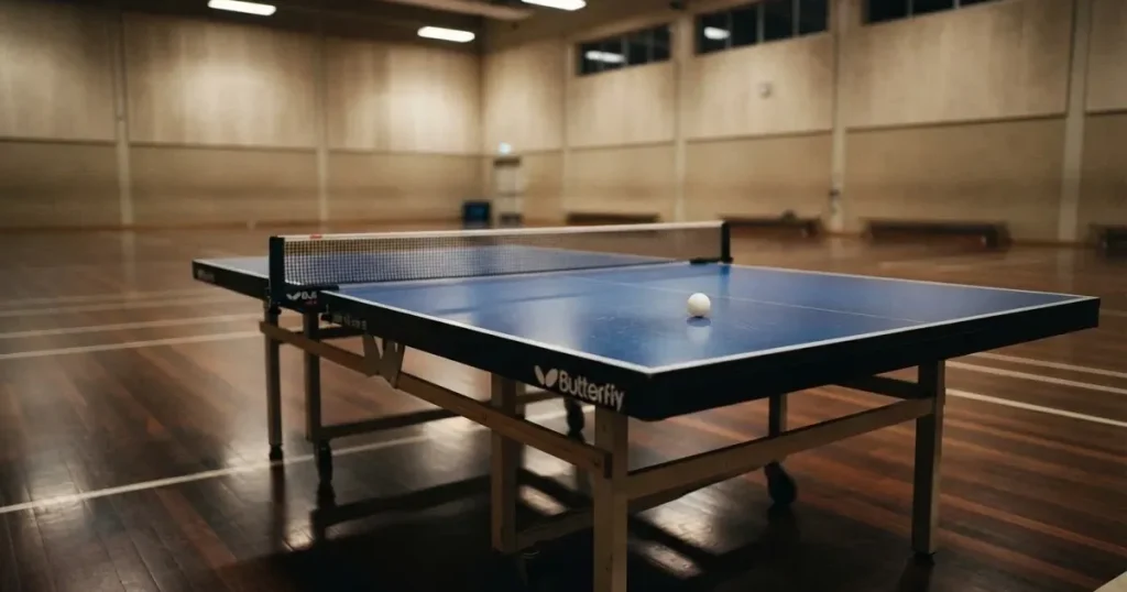 Eine Tischtennisplatte mit Netz in einer leeren Sporthalle, ein heller Ball liegt auf einer Seite, Deckenlicht spiegelt sich im Hallenboden.