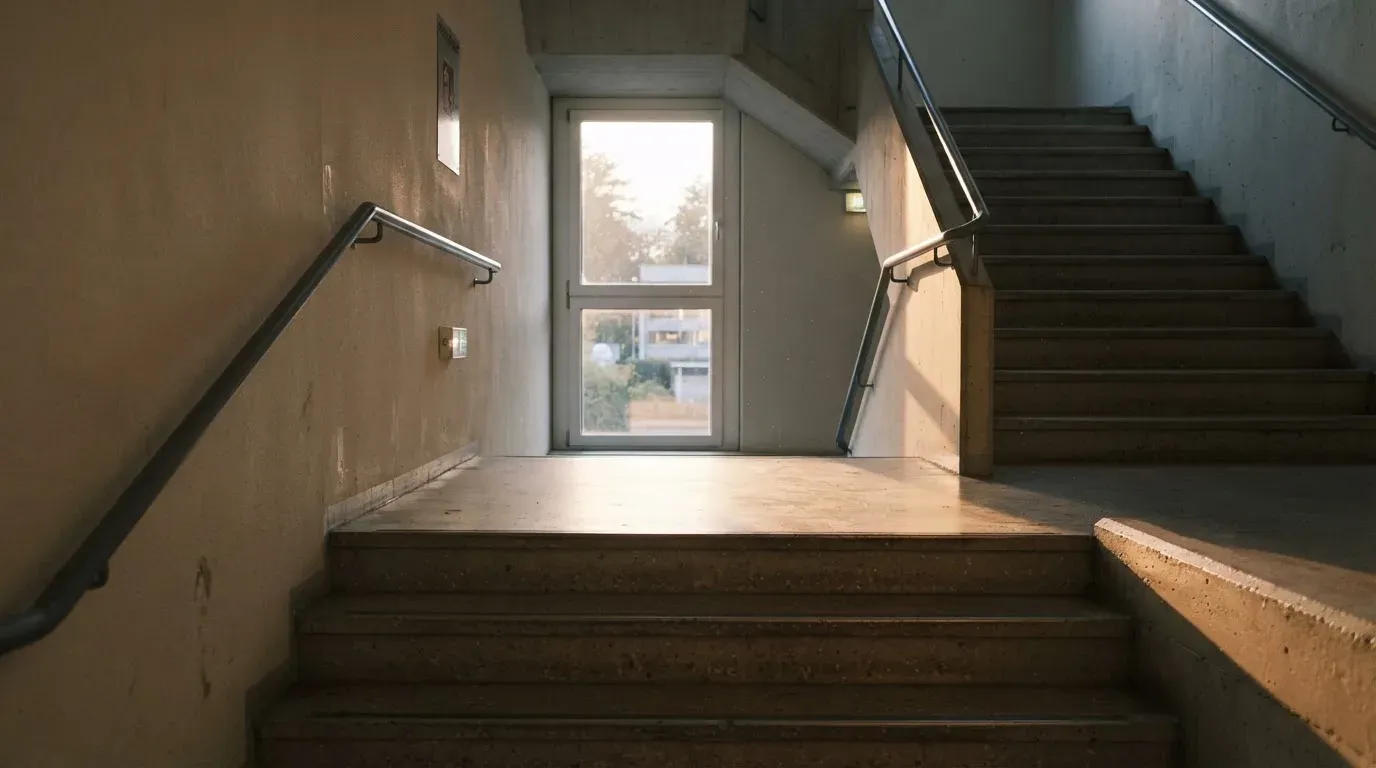 Ein stilles Treppenhaus eines Gemeindesportzentrums, durch ein Fenster fällt Nachmittagslicht auf die Stufen.