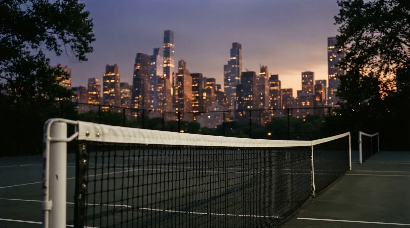 Die Hochhäuser einer Grossstadt in der Dämmerung, gesehen von einem Park, im Vordergrund ein gespanntes Tennisnetz.