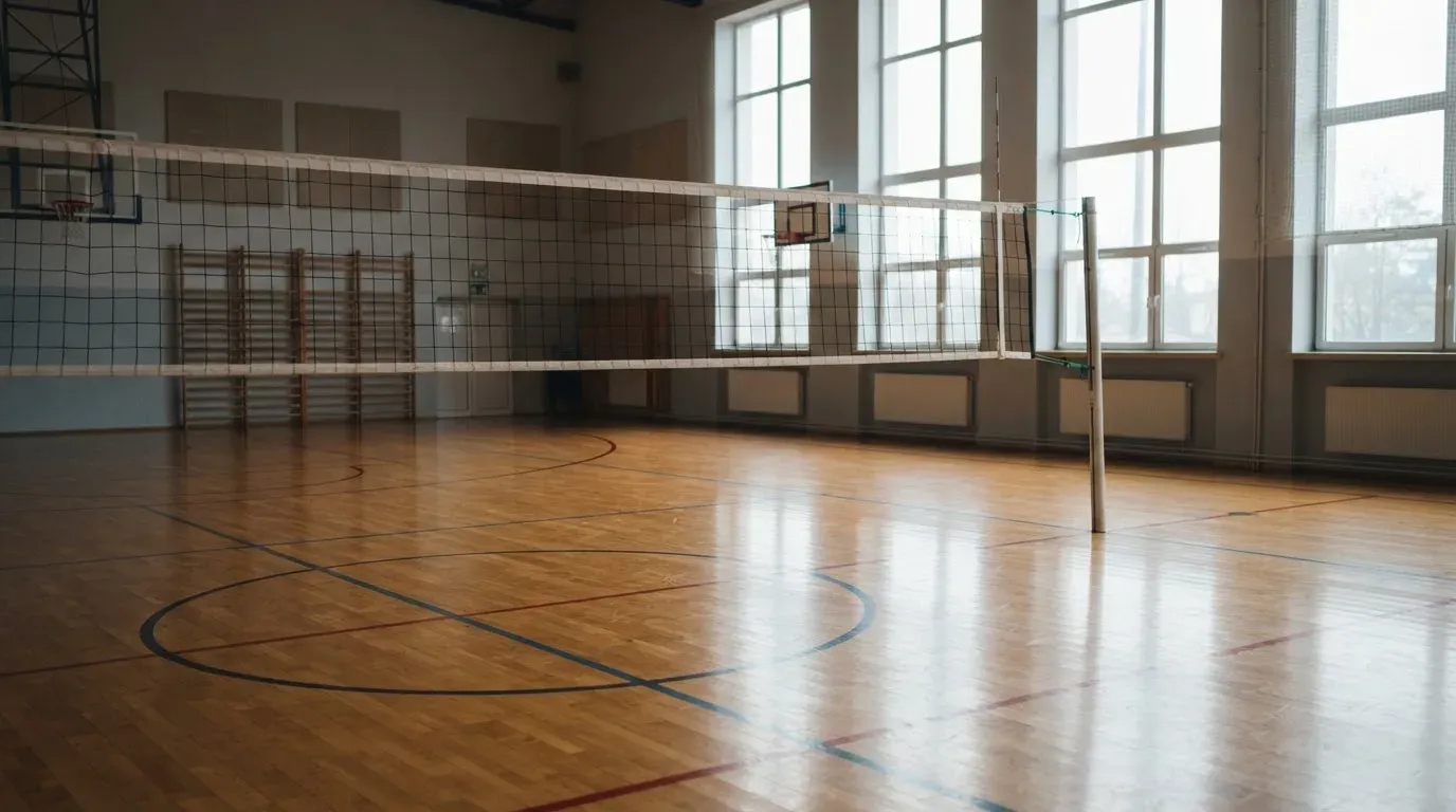 Eine Sporthalle mit gespanntem Volleyballnetz über poliertem Holzboden, hohe Fenster lassen Tageslicht herein.