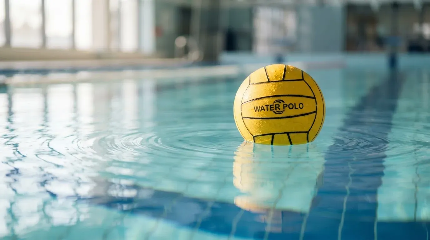 Ein gelber Ball treibt auf ruhigem türkisfarbenem Beckenwasser, feine Wellen im weichen Licht.