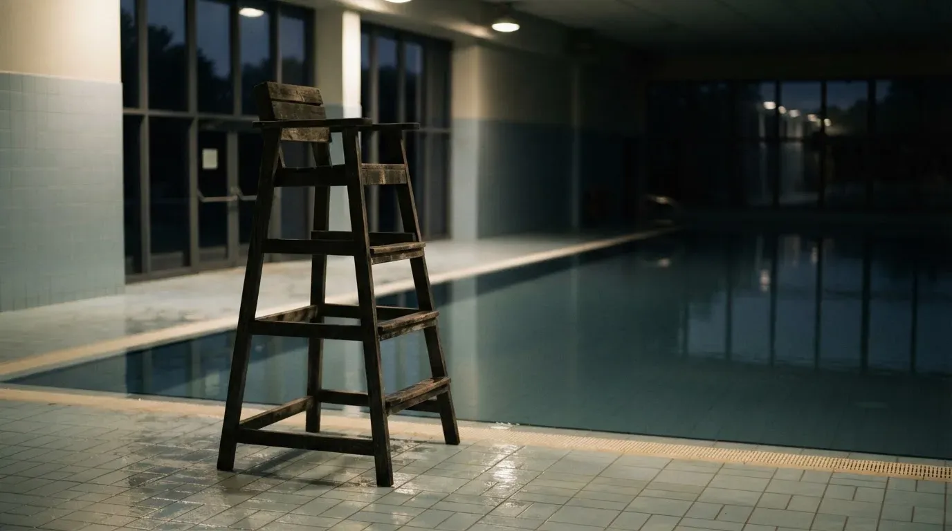 Ein Bademeisterstuhl neben einem Hallenbad zur Schliesszeit, gedimmtes Licht, glatte Wasseroberfläche.
