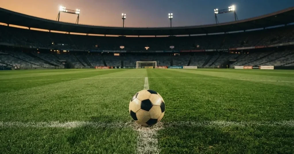 Ein Fussball liegt auf dem Anstosspunkt eines leeren Rasenplatzes, dahinter ragen die Ränge eines grossen Stadions in der Abenddämmerung auf.