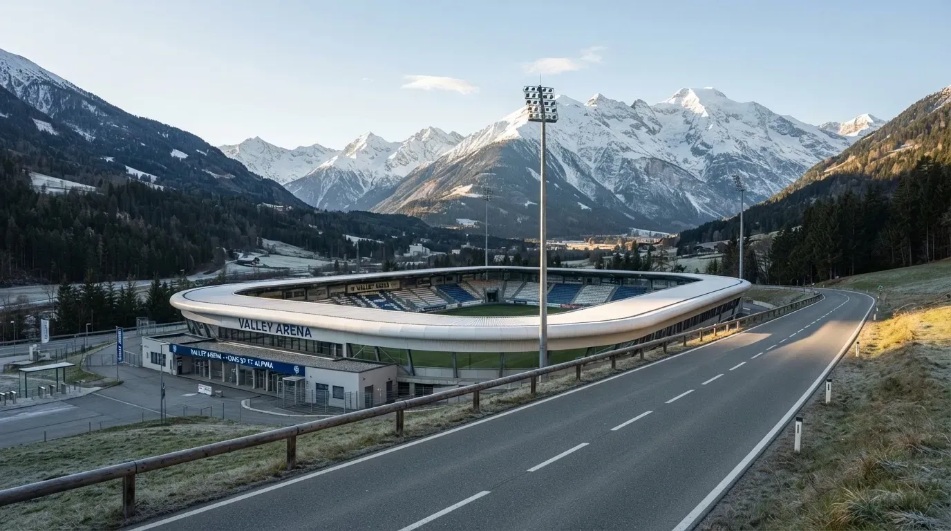 Schneebedeckte Berge erheben sich hinter einem Fussballstadion in einem Schweizer Tal, davor liegt eine leere Strasse im Morgenlicht.