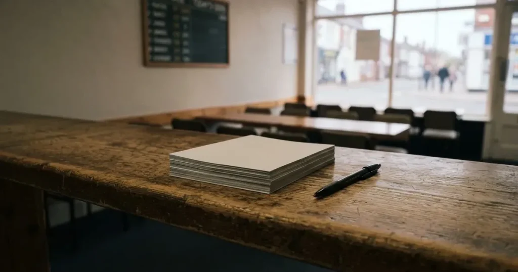 Ein leerer Ladentisch aus Holz mit einem Stapel unbeschriebener Papierzettel und einem Kugelschreiber, durch das Schaufenster fällt Tageslicht.