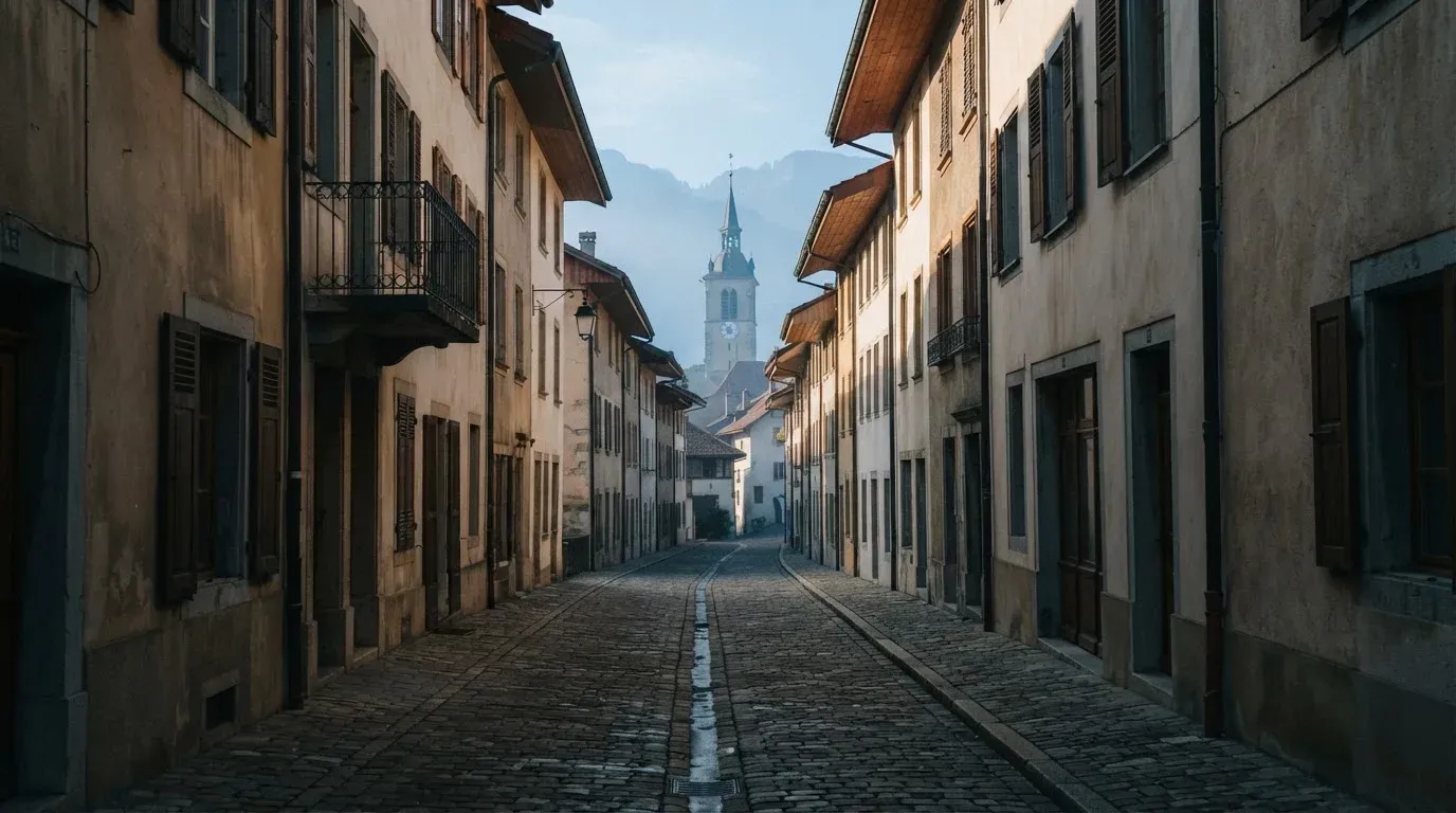 Eine ruhige Gasse in einer Schweizer Altstadt mit Kopfsteinpflaster am frühen Morgen, im Hintergrund ein Kirchturm und Berge im Dunst.