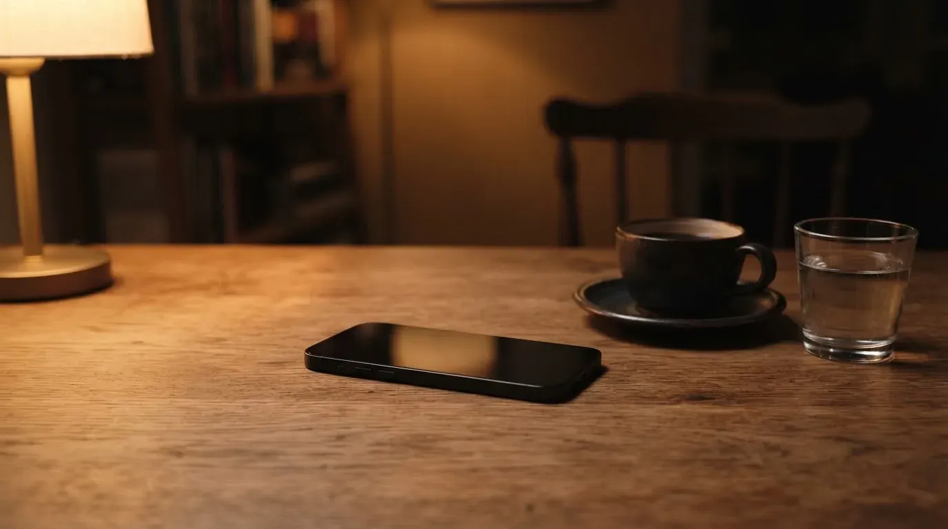 Ein Smartphone mit dunklem Display liegt neben einer Kaffeetasse und einem Glas Wasser auf einem Holztisch im Licht einer Lampe.
