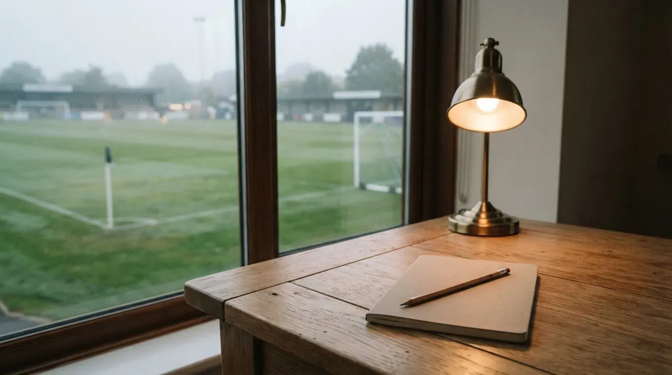 Ein Schreibtisch am Fenster mit Schreibtischlampe, Bleistift und leerem Block, draussen liegt ein Fussballplatz im Dunst.