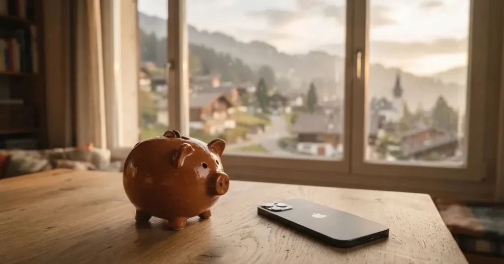 Ein Sparschwein aus Keramik steht auf einem Küchentisch neben einem Smartphone mit dunklem Display, im Fenster dahinter ein Schweizer Dorf im Morgenlicht.
