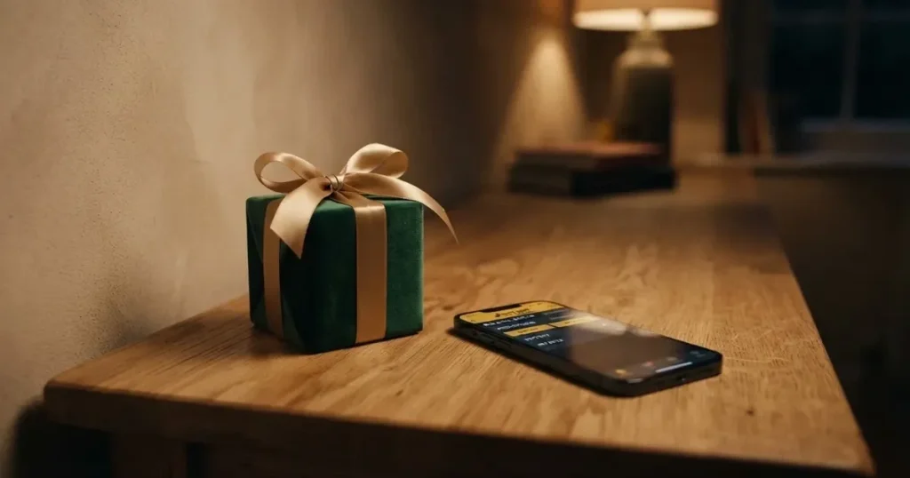 Ein kleines Geschenk mit Schleife steht auf einem Holztisch neben einem Smartphone mit dunklem Display im Seitenlicht.