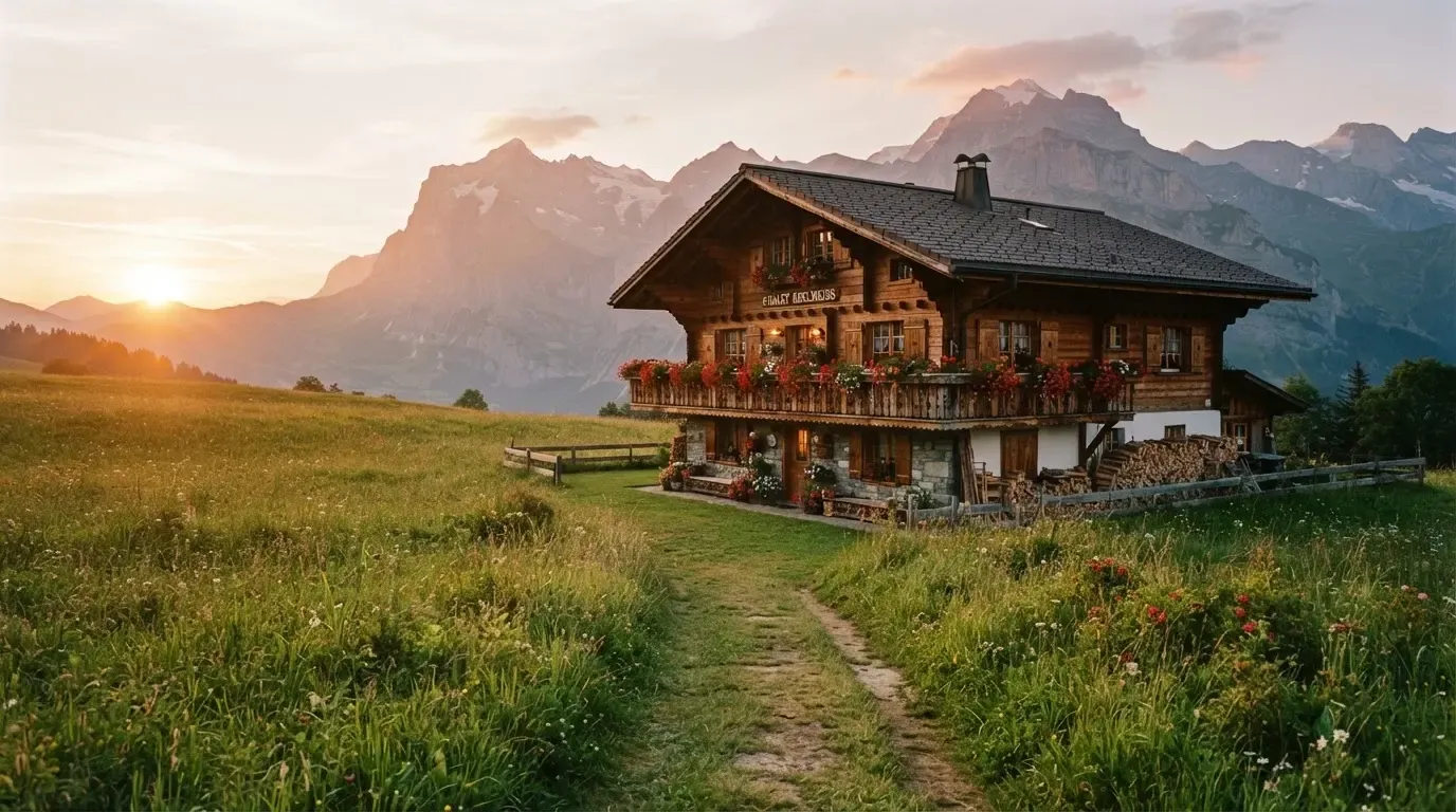 Ein Holzchalet mit Blumenkästen steht vor einer Bergkette im Abendlicht, davor führt ein leerer Feldweg durch eine Wiese.