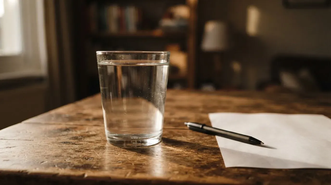 Ein Glas steht bis zum Rand gefüllt auf einem Holztisch, daneben ein Kugelschreiber und ein leeres Blatt Papier im Seitenlicht.