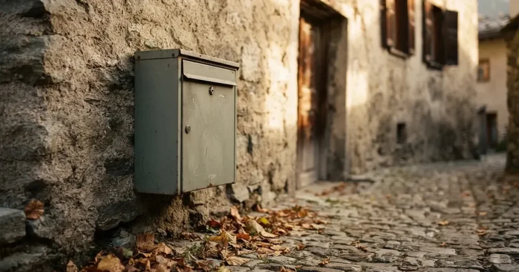 Ein Briefkasten aus Metall hängt an einer Steinmauer in einer Schweizer Gasse, Herbstlaub liegt auf dem Pflaster.
