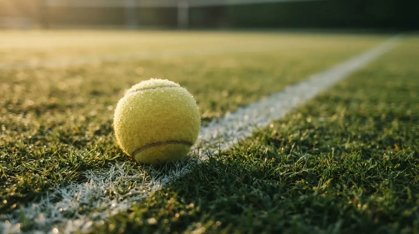 Ein gelber Tennisball liegt im Gras neben der weissen Grundlinie, Tau glitzert auf den Halmen im flachen Sonnenlicht.