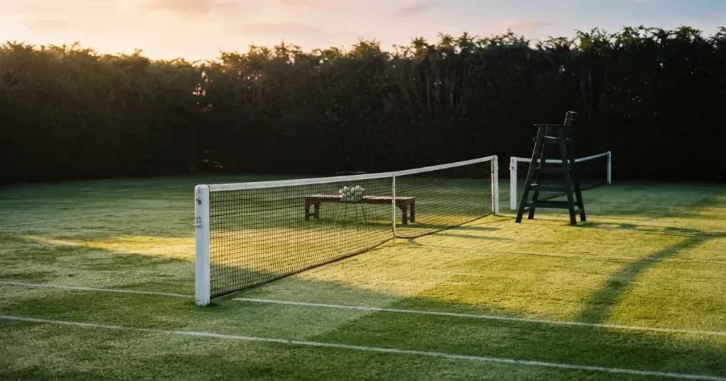 Ein Tennisplatz aus Rasen im ersten Morgenlicht mit frisch gezogenen Linien, einem Netz und einem leeren Schiedsrichterstuhl, dahinter hohe Hecken.