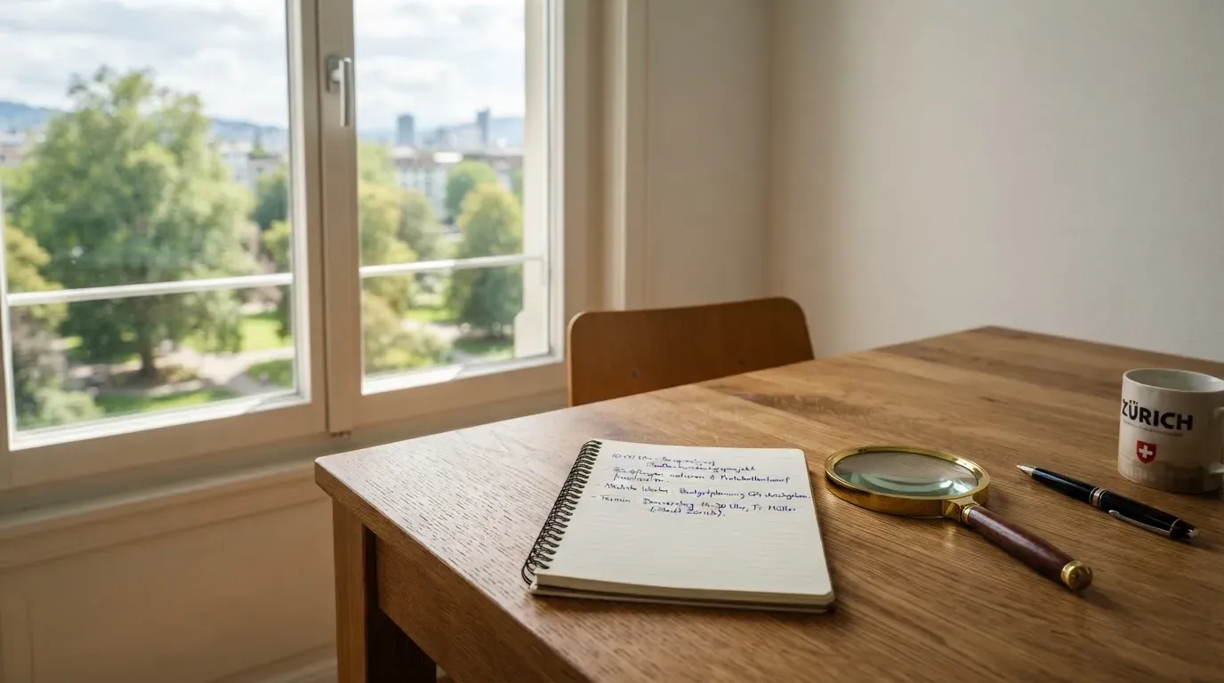 Ein Holzschreibtisch in einem hellen Büro mit Blick auf einen Park, darauf eine Lupe und ein leerer Notizblock.