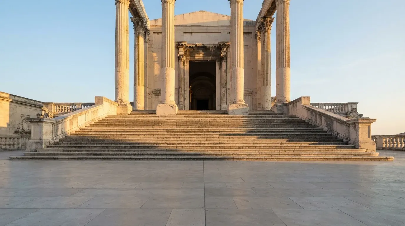 Eine steinerne Treppe führt zu einem Portal mit Säulen im Morgenlicht, der Platz davor ist leer.