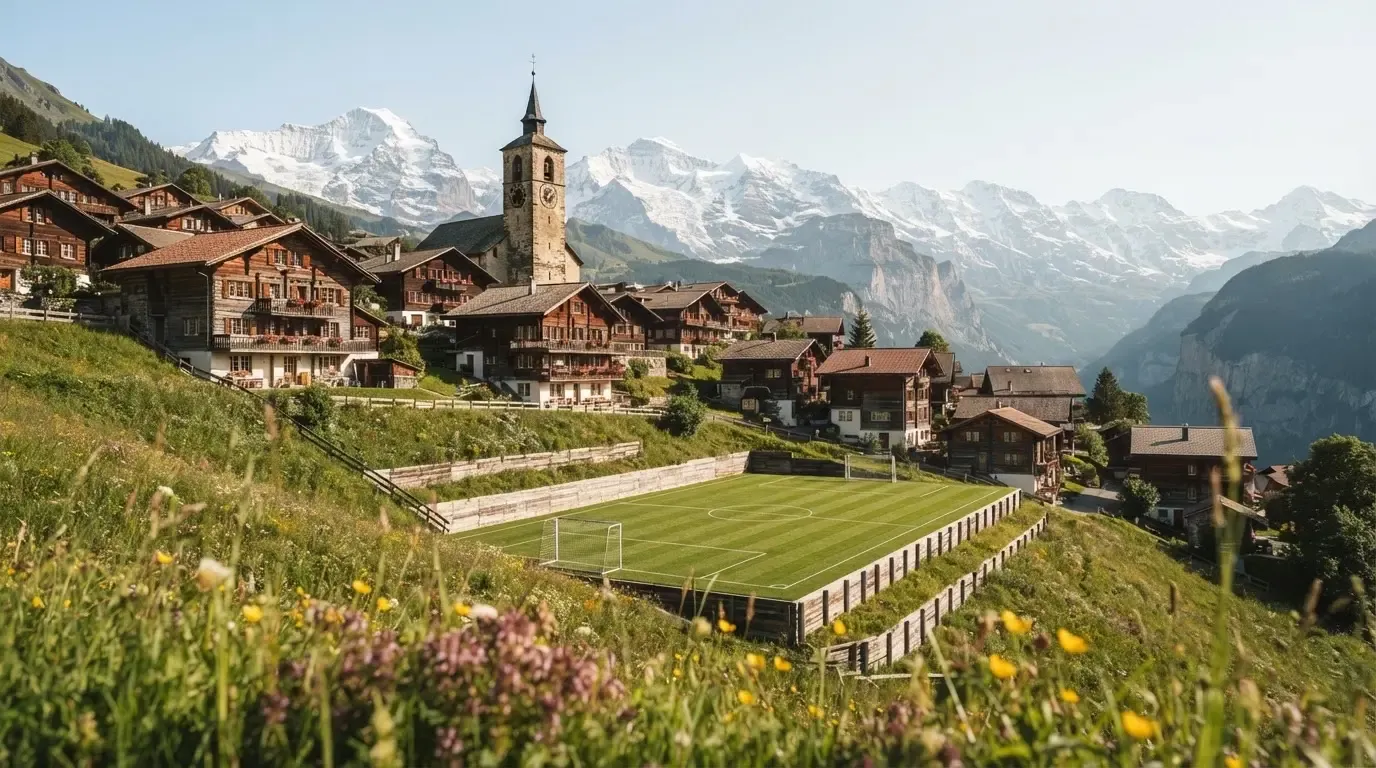 Ein Schweizer Bergdorf mit Kirchturm und einem kleinen Fussballplatz am Hang, im Hintergrund schneebedeckte Gipfel.