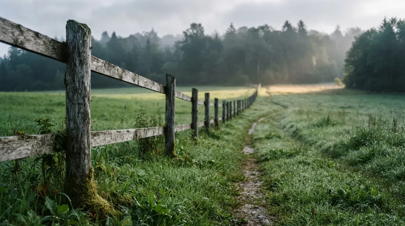Ein Holzzaun trennt zwei Wiesen entlang eines Feldwegs, dahinter ein Waldrand im diffusen Morgenlicht.