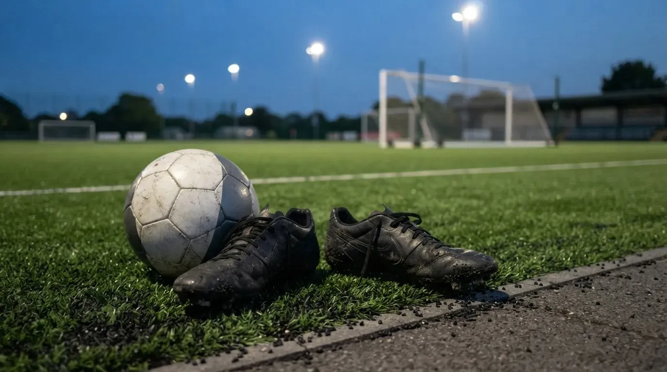 Ein Fussball und ein Paar Stollenschuhe stehen am Rand eines Kunstrasenplatzes, Flutlichtmasten ragen in den Abendhimmel.