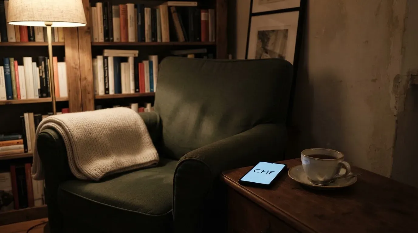 Ein Lesesessel mit Wolldecke steht neben einem Bücherregal und einer Stehlampe, auf dem Tisch eine Teetasse.
