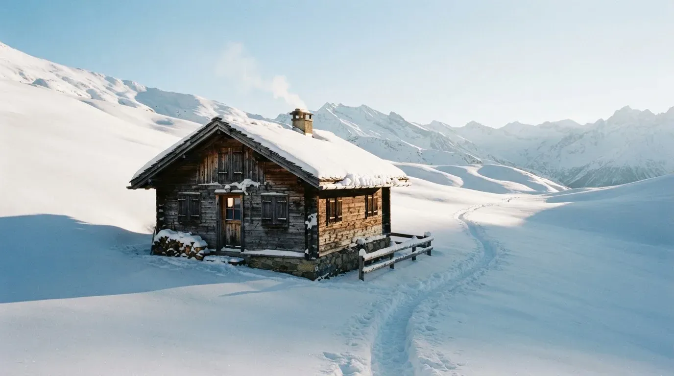 Eine Berghütte im Schnee mit rauchendem Kamin steht vor klarem Himmel, ein Pfad führt in die Stille.