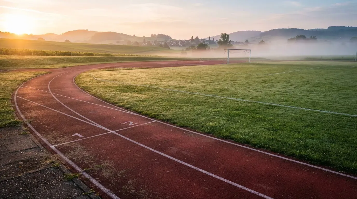 Eine rote Laufbahn umringt ein Fussballfeld beim Sonnenaufgang, auf dem Rasen liegt Tau.