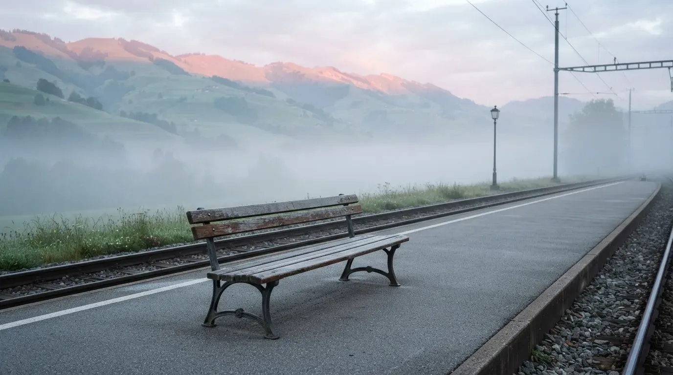 Ein leerer Bahnsteig mit einer Holzbank im Morgennebel, dahinter sanfte Hügel.