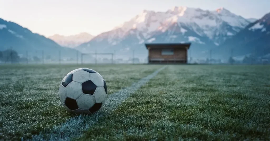 Ein Fussball liegt am frühen Morgen auf dem Rasen eines leeren Fussballfeldes, dahinter eine kleine Tribüne und schneebedeckte Berge.