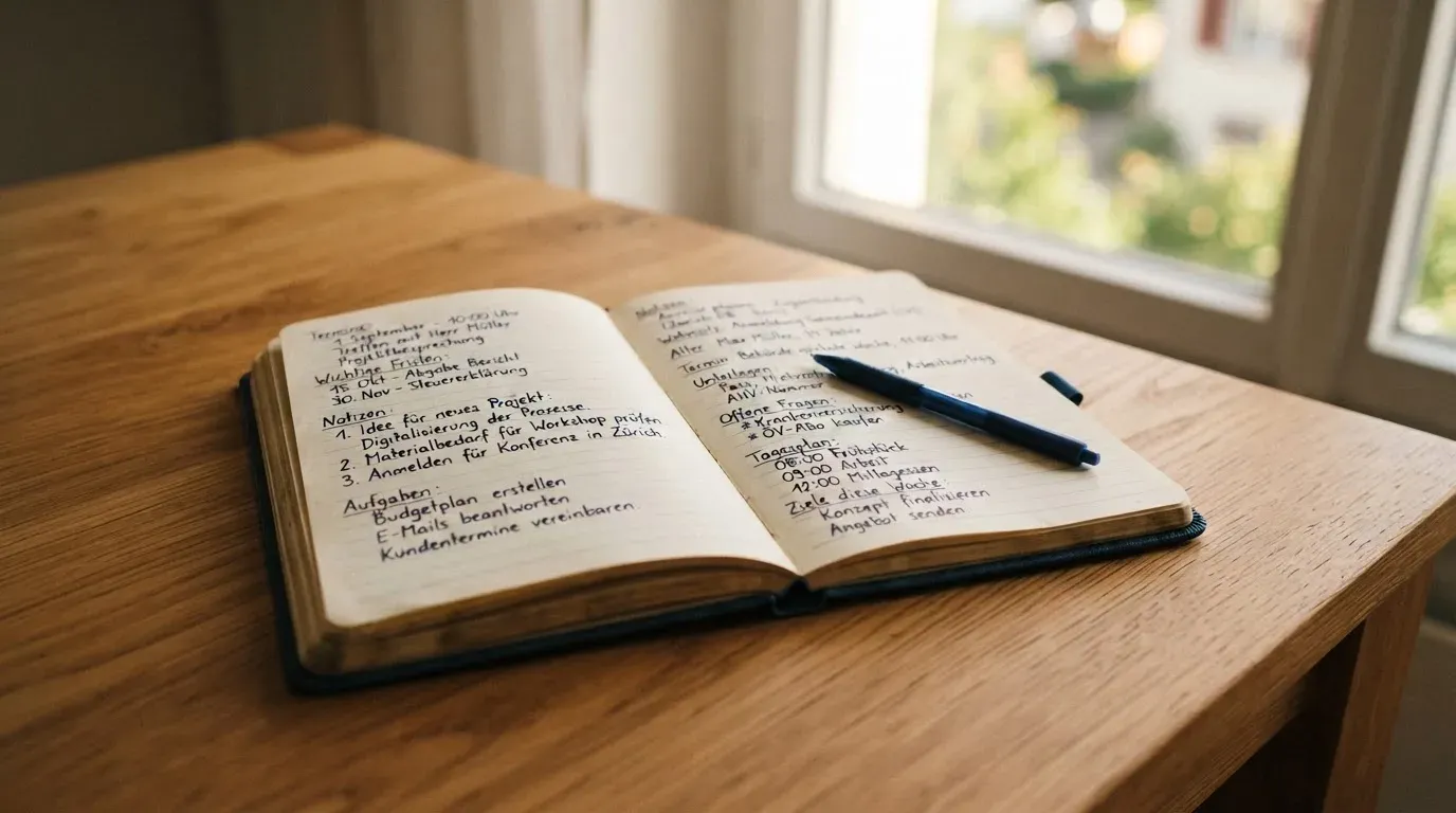 Ein aufgeschlagenes Notizbuch mit handschriftlichen Notizen und ein Kugelschreiber liegen auf einem Holztisch neben einem Fenster mit Tageslicht.