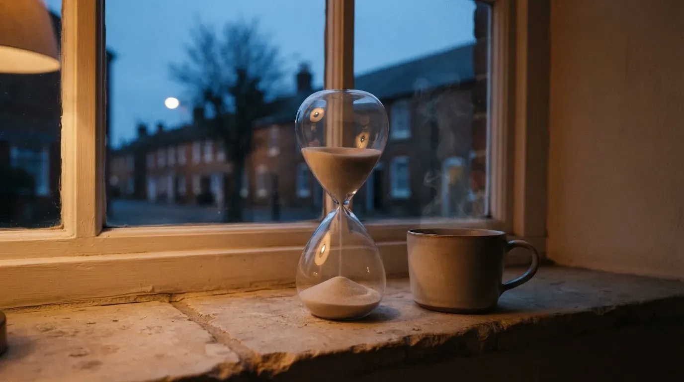 Eine Sanduhr steht auf einem Fensterbrett neben einer Tasse Tee, draussen dämmert es über einer ruhigen Strasse.