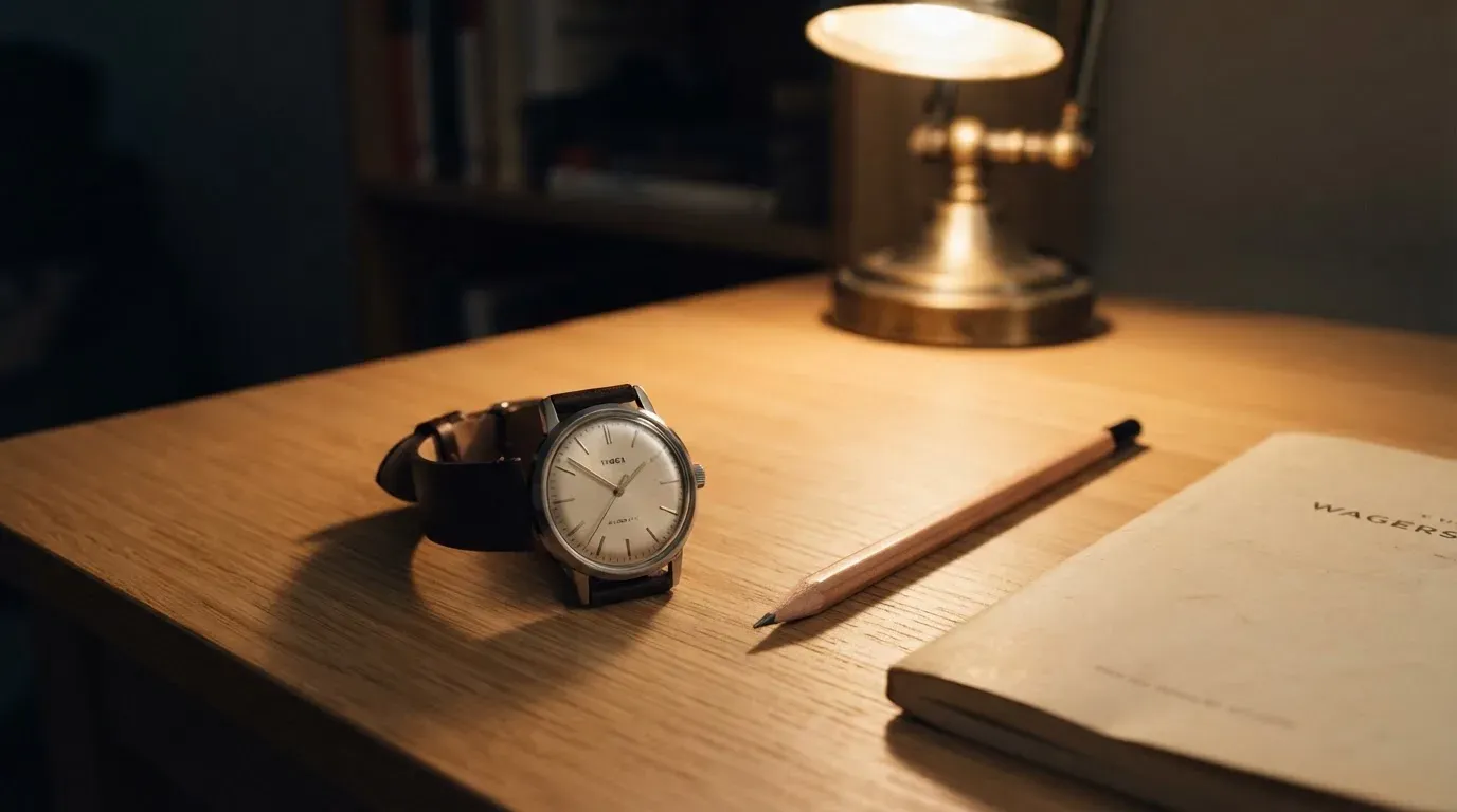 Eine Armbanduhr und ein gespitzter Bleistift liegen auf einem hellen Holztisch im Licht einer Schreibtischlampe.