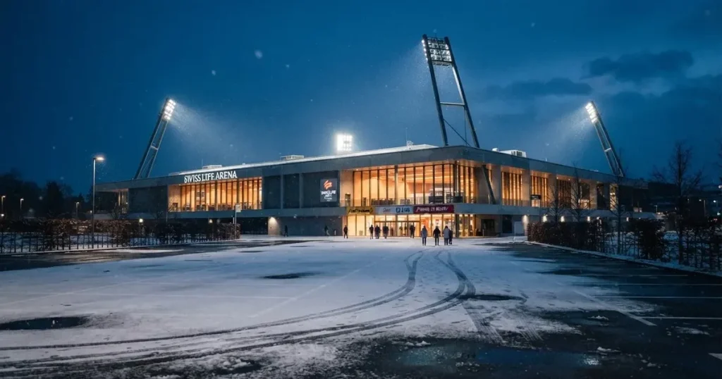 Eine Eishalle steht in der Dämmerung unter Flutlicht, aus der Ferne gesehen, davor ein leerer Parkplatz mit Schnee.
