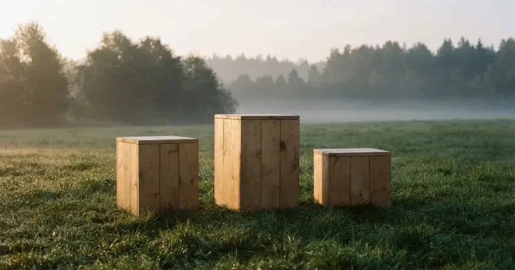 Drei hölzerne Podeststufen in unterschiedlicher Höhe stehen im Morgentau auf einem Rasenplatz, im Hintergrund ziehen Nebelschwaden.