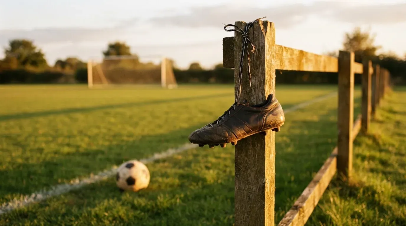 Ein Fussballschuh hängt an den Schnürsenkeln an einem Zaunpfosten neben einem Trainingsplatz im Abendlicht.