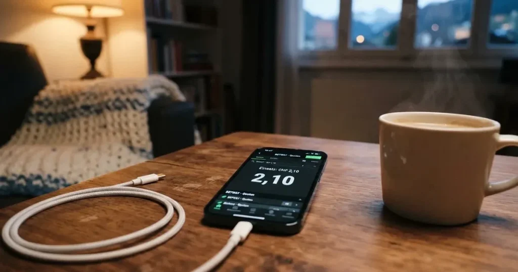 Ein Smartphone mit dunklem Display liegt auf einem Holztisch neben einem Ladekabel und einer Kaffeetasse.