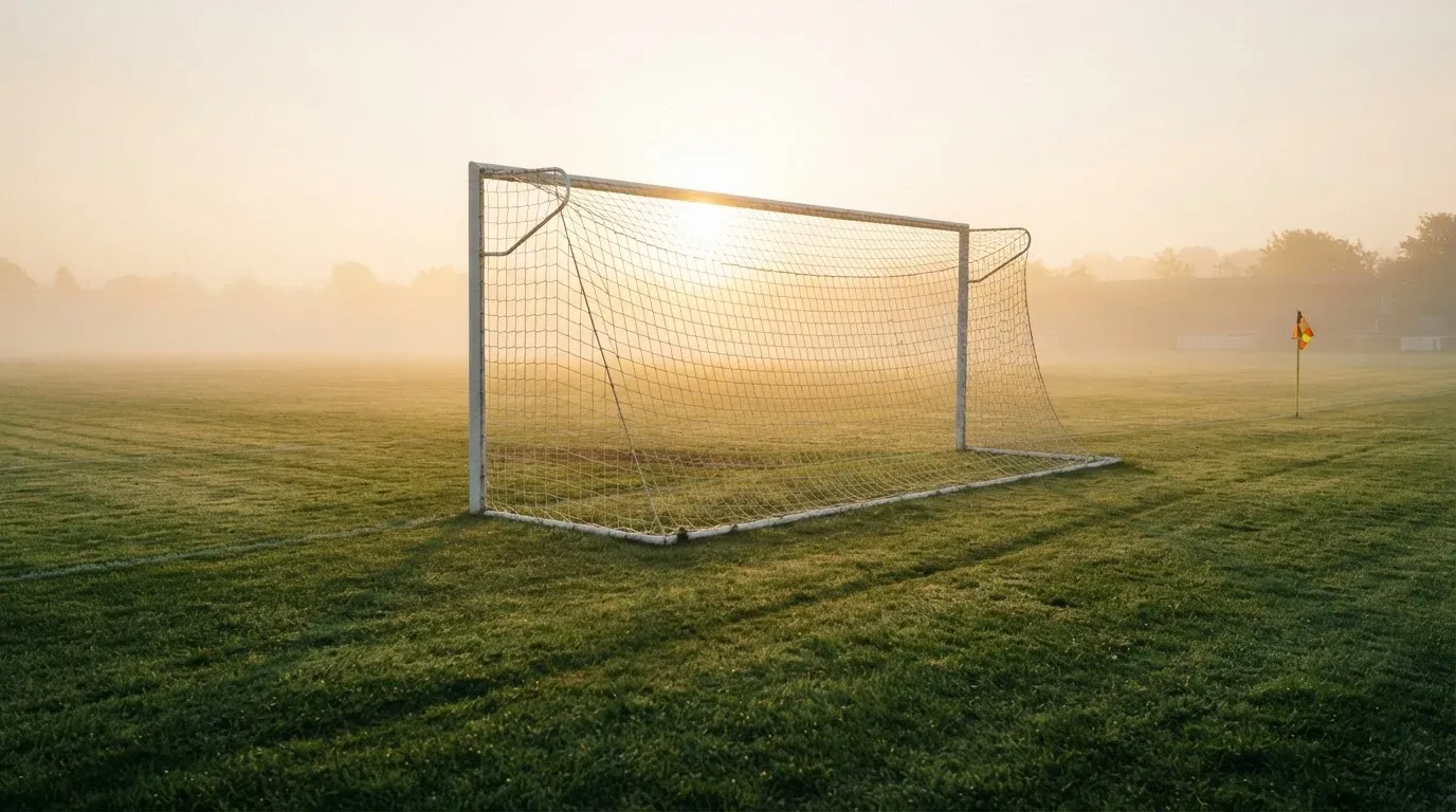 Ein Torpfosten mit Netz steht im Gegenlicht auf einem leeren Fussballplatz, über dem Rasen liegt Nebel.
