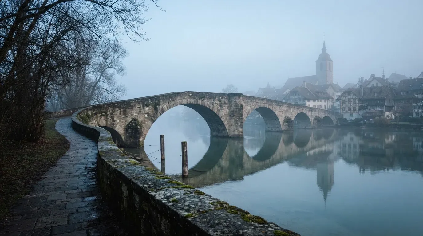 Eine Steinbrücke führt im Frühnebel über einen Fluss, auf dem Fussweg ist niemand zu sehen.