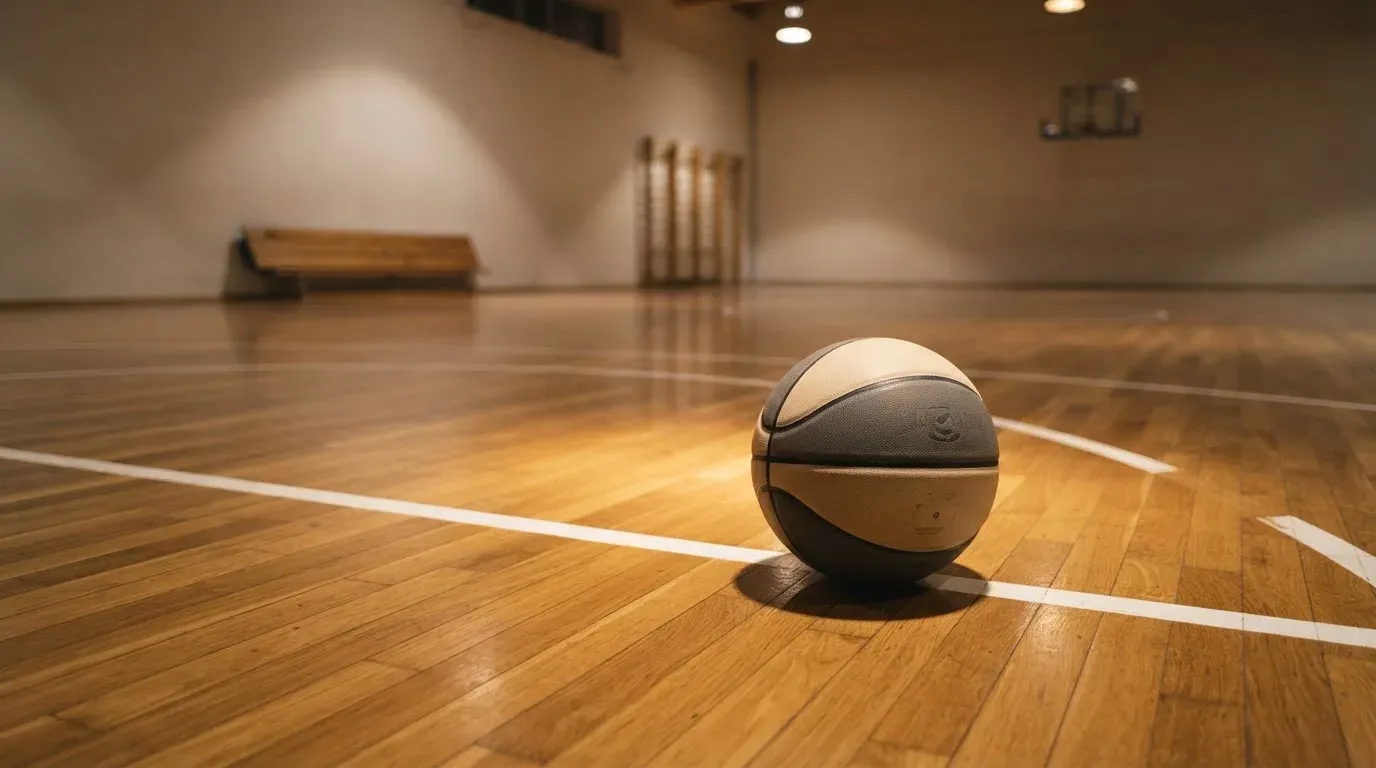 Ein Basketball liegt auf dem Parkett einer leeren Sporthalle im Licht der Deckenlampen.