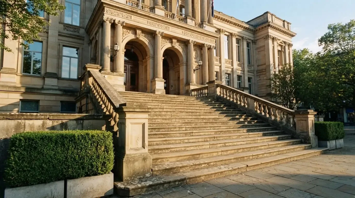 Eine breite Treppe aus Sandstein führt im Morgenlicht zu einem hohen Gebäude.