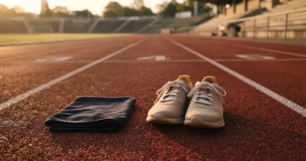 Ein Paar frisch geschnürter Laufschuhe steht auf einer roten Tartanbahn im Morgenlicht, daneben liegt ein Handtuch.