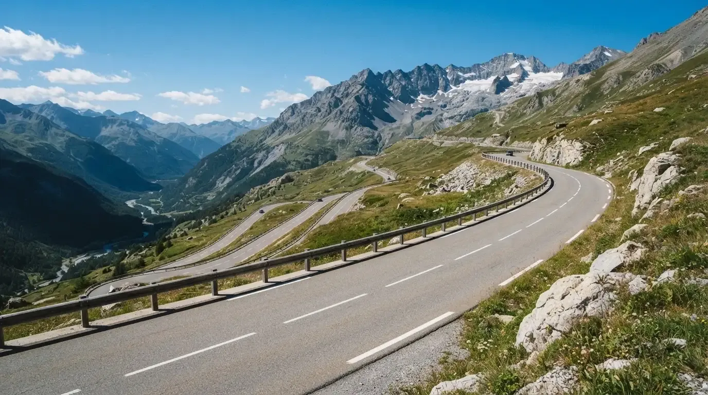 Eine Passstrasse mit Leitplanke windet sich an einem klaren Tag durch eine Berglandschaft.