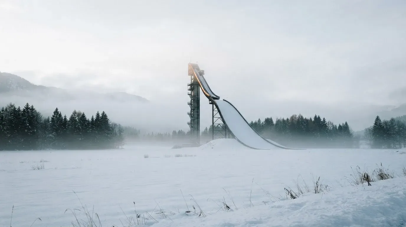 Eine Skisprungschanze ragt aus der Ferne gesehen in den Morgennebel, davor ein verschneites Feld.
