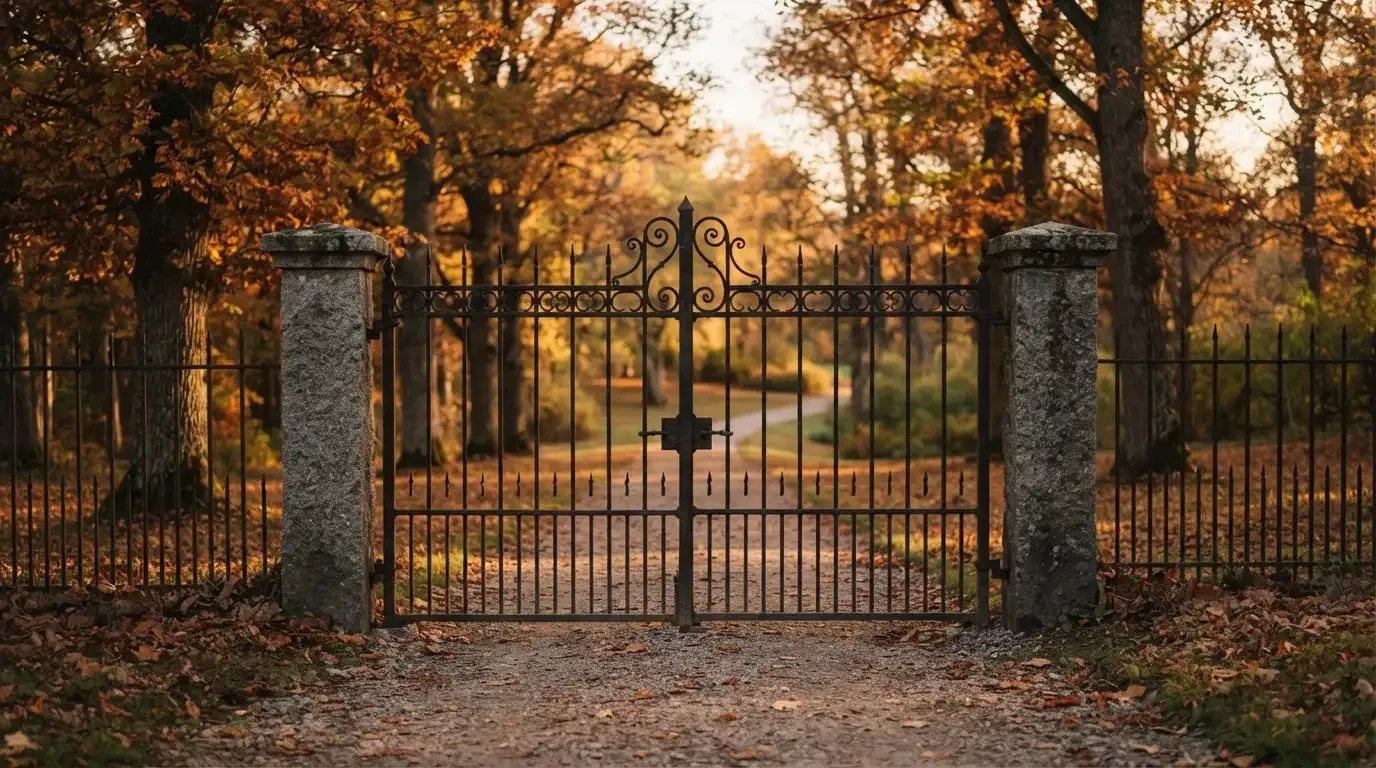 Ein geschlossenes Tor aus Schmiedeeisen steht vor einem Park im Herbstlicht, auf dem Kies liegt Laub.