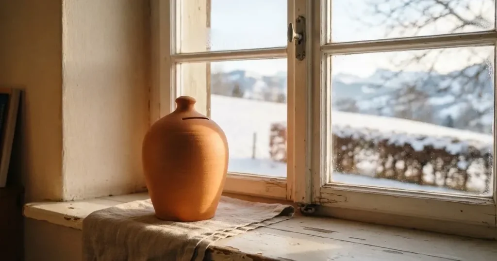 Eine leere Sparbüchse aus Keramik steht auf einem Fensterbrett, draussen liegt eine verschneite Landschaft im Gegenlicht.