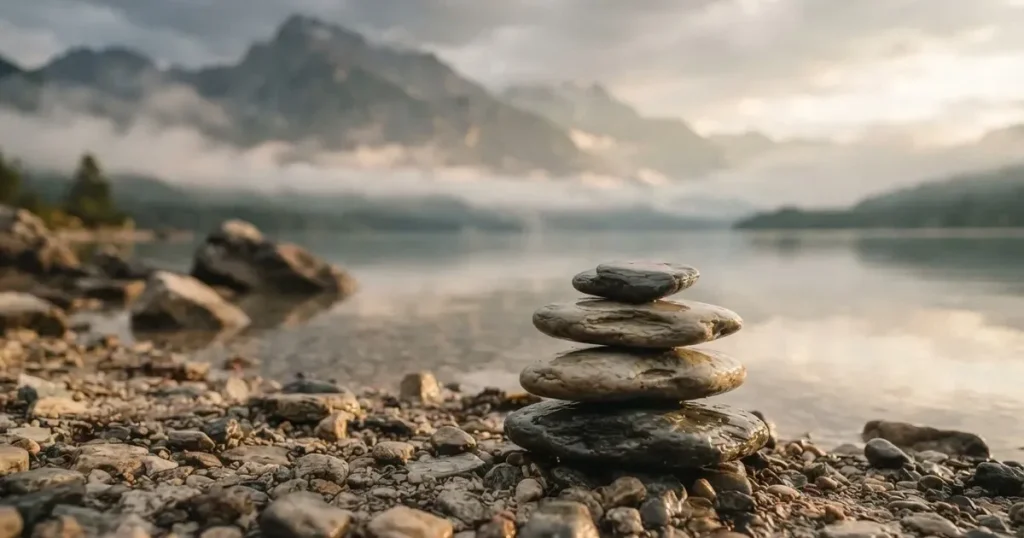 Vier flache Kieselsteine sind am Seeufer zu einem kleinen Turm gestapelt, das Wasser dahinter liegt ruhig.